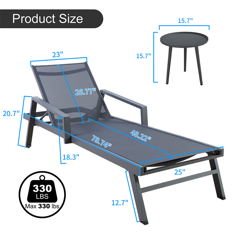 Aluminum Sun Lounger Set with Armrest (2 Sun Lounger+side Table)