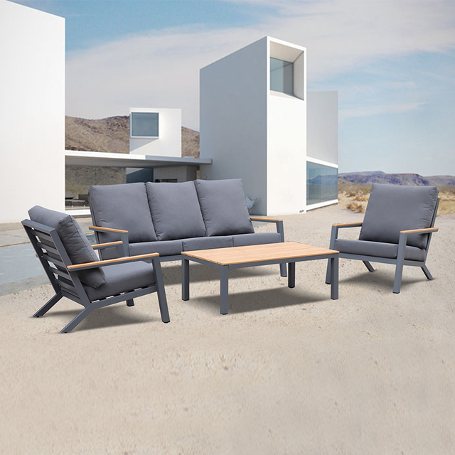 Aluminum Outdoor Sofa Set Natural Teak Wooden Armrest Garden Couch