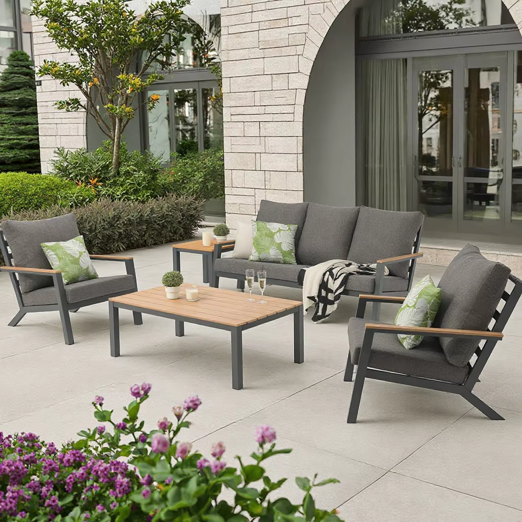 Aluminum Outdoor Sofa Set Natural Teak Wooden Armrest Garden Couch
