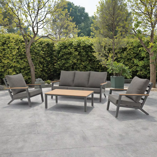 Aluminum Outdoor Sofa Set Natural Teak Wooden Armrest Garden Couch
