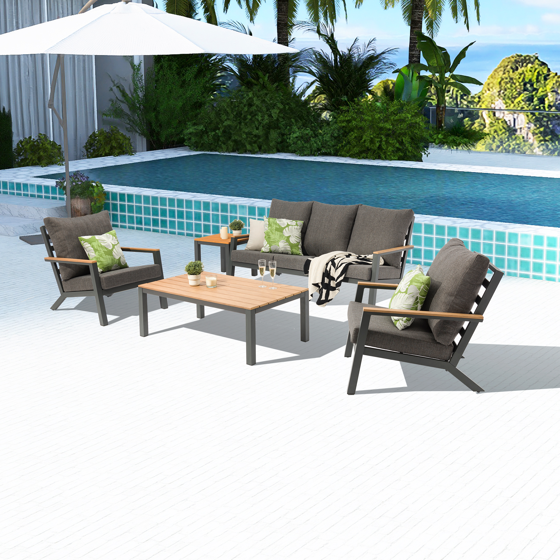 Aluminum Outdoor Sofa Set Natural Teak Wooden Armrest Garden Couch