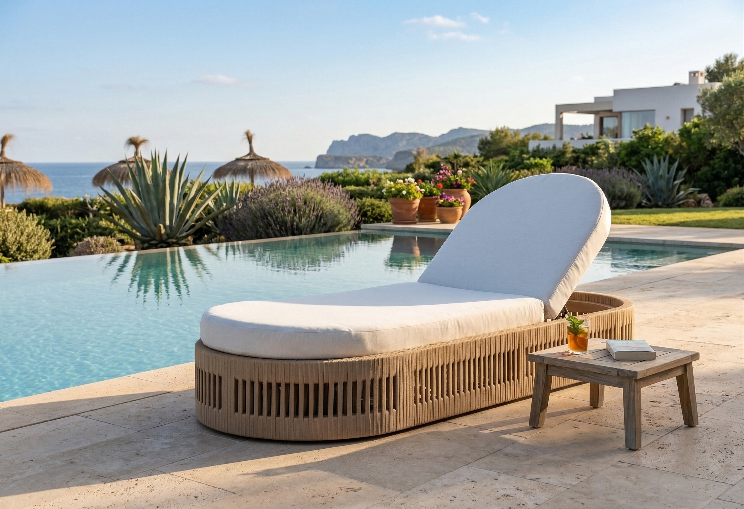 Modern Oval Woven Outdoor Sun Lounger with Adjustable Backrest