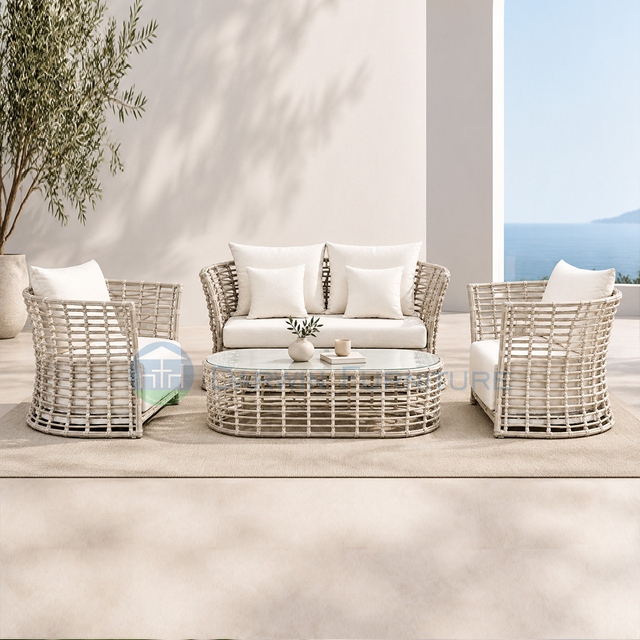Modern Outdoor PE Rattan Patio Furniture Set with Sintered Stone Tabletop Waterproof Fabric