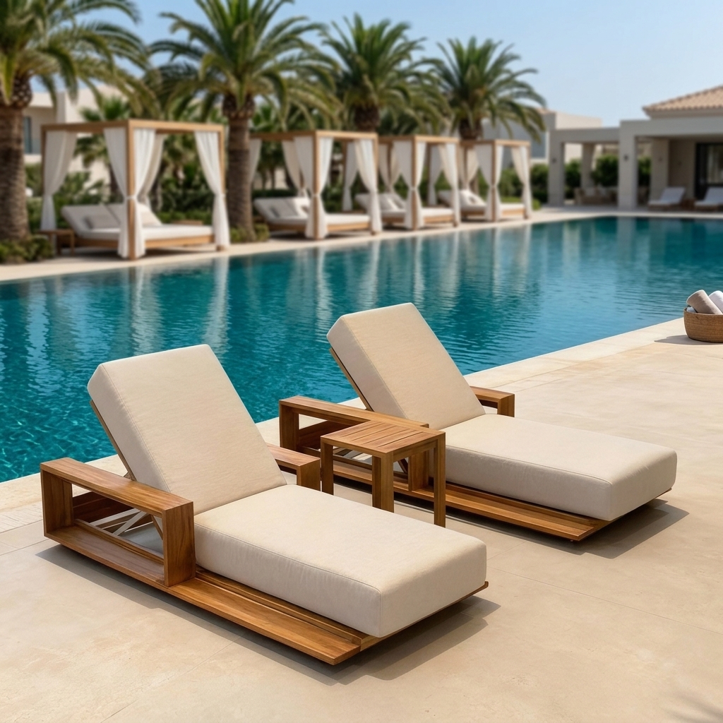 Premium Teak Wood Outdoor Sun Lounger with Luxury Adjustable Backrest And Thickened Cushion
