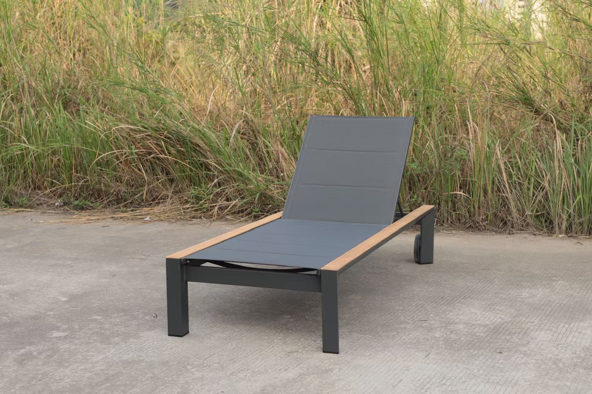 Modern Aluminum Outdoor Sun Lounger with Teak Accents