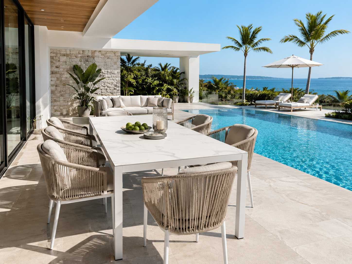 Premium sintered stone outdoor dining table with Calacatta marble texture on a luxury resort patio