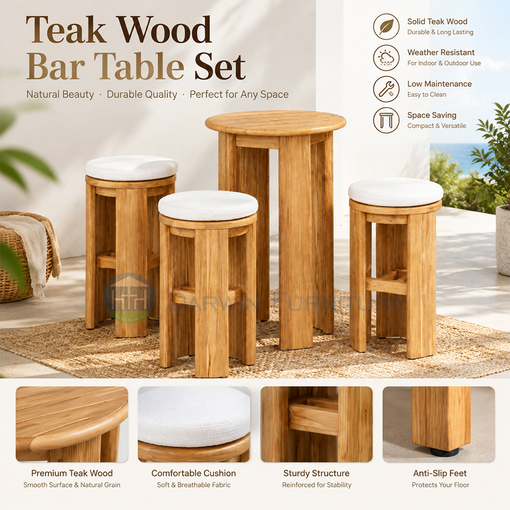 Modern Teak Wood Bar Stool with Velvet Seat