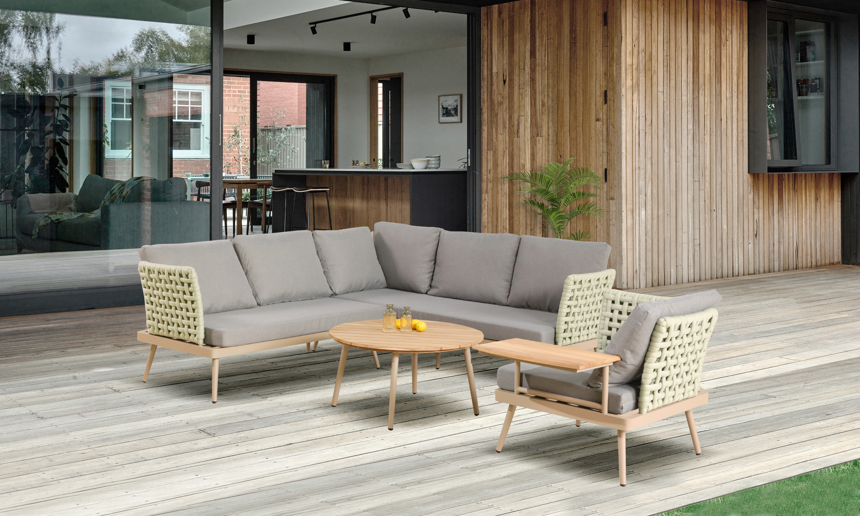 Modern Villa Courtyard Garden Sofa Set PE Rattan Combination Conversation Rope Sectional Sofa L Shape Outdoor Furniture