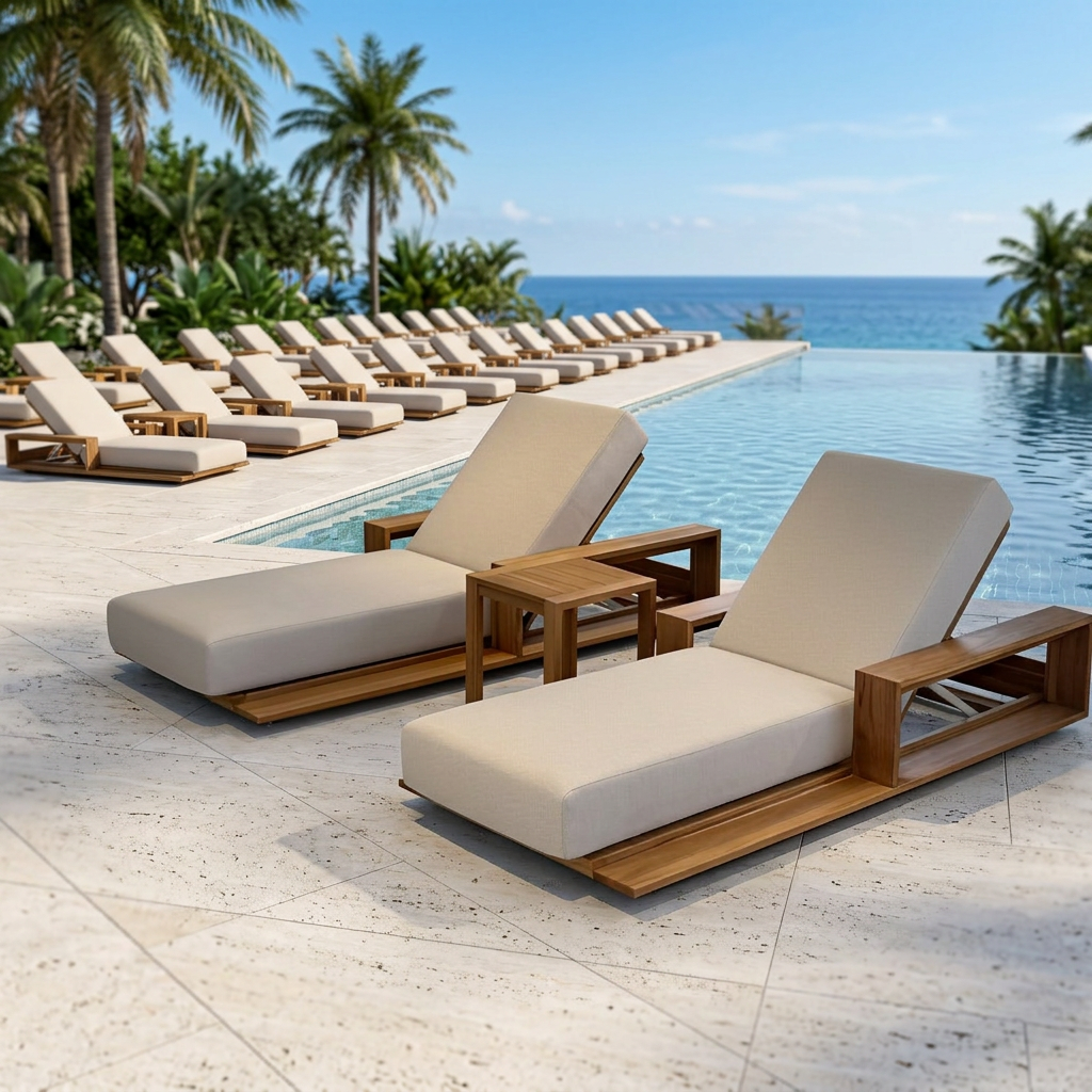 Premium Teak Wood Outdoor Sun Lounger with Luxury Adjustable Backrest And Thickened Cushion